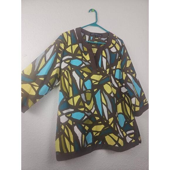 Kasper V-Neck Blouse Printed Pattern 3/4 Sleeves Tunic Petite Large - Picture 2 of 6